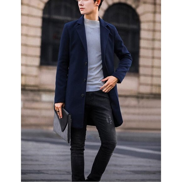 Men's Navy Wool Blend Pea Coat Notched Collar Breasted Winter Trench Coat - Picture 5 of 7